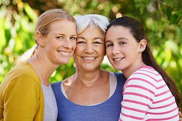Image showing Portrait, women or girl as family, to relax, support or visit as happy, bonding or together. Grandma, mother or female child as smile, sunny or retirement in garden on morning spring day in Amsterdam