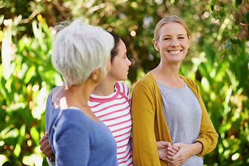 Image showing Mother, grandmother and portrait with child in park on holiday or vacation in retirement with support. Happy, senior woman or relax with mom and kid in woods or forest with care for family in summer