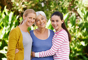 Image showing Portrait, woman or child as family, support or visit to relax as happy, bonding or together. Grandma, mom or girl as smile, sunshine or retirement to hug in garden on morning summer day in Hollywood