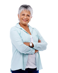 Image showing Crossed arms, portrait and senior woman in studio with confident, good and positive attitude. Smile, pride and happy elderly female person from Mexico in retirement isolated by white background.