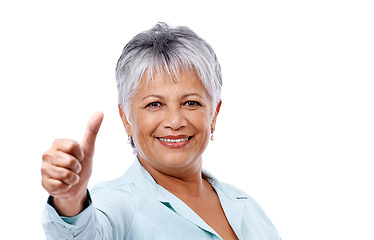 Image showing Portrait, senior woman and thumbs up for feedback, support and model isolated on white studio background. Face, mature person and pensioner with hand gesture and review with agreement, emoji and like