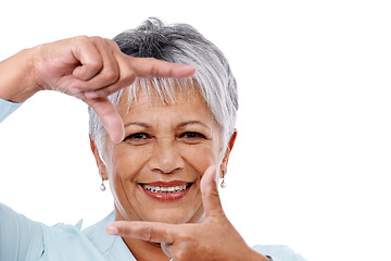 Image showing Portrait, finger frame and senior woman with gesture, happiness and model isolated on a white studio background. Face, mature person and pensioner with mockup space and hands with confidence