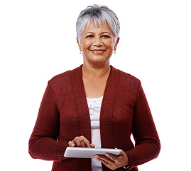 Image showing Senior woman, portrait and tablet for contact, communication or internet isolated on white background. Elderly female person, mature lady or technology for connectivity, social media or web for email