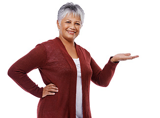 Image showing Senior woman, portrait and hand on mockup space for marketing, presentation and advertising isolated on white background. Elderly female person, mature lady and gesture for show, display or promotion