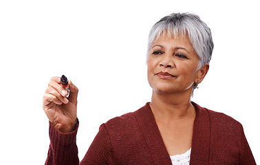 Image showing Senior woman, hand and pen for writing, presentation and promotion with mockup on white background. Female person, mature lady and teacher with gesture for display, show and notes for whiteboard