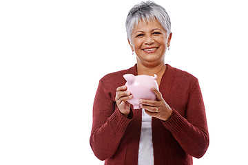 Image showing Old woman, portrait and piggy bank for financial saving or money budget as retirement investment, payment or economy. Female person, face and white background for future coins, studio or mockup space