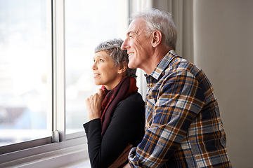 Image showing Mature couple, man and woman in window of house, home and retirement holiday with happiness. Smile, elderly people and marriage for bonding, commitment and love in vacation for female and male person