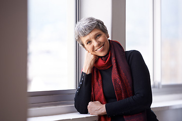 Image showing Portrait, smile and elderly woman in home to relax in apartment by window in Australia. Face, senior and happy person with confidence or pensioner in casual clothes at nursing house for retirement