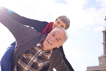 Image showing Portrait, happy couple and piggyback or love in vacation, retirement holiday and celebrate with smile. Outdoor, elderly people and marriage or commitment for bonding, care and romance in relationship