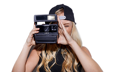 Image showing Studio, photography and woman with retro camera tech isolated on a white background. Fashion, vintage lens and person taking picture for hobby, photoshoot and paparazzi with model in cap for style