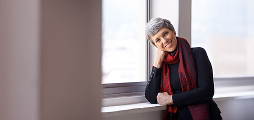 Image showing Portrait, smile and senior woman in house, home or apartment by window for retirement in Australia. Face, elderly and happy person with confidence or pensioner in casual clothes with mockup space