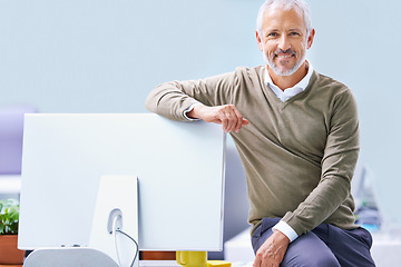 Image showing Businessman, smile and portrait of manager with monitor for finance office, accounting and pride. Mature employee, confident and professional person with happiness for corporate work, company and job