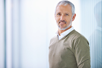 Image showing Business man, senior and smile in portrait, CEO with pride and confidence at workplace. Professional, career and expert at office with mockup space, corporate job and executive at media company