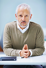 Image showing Mature, businessman and portrait at office desk as entrepreneur boss for tech startup, employment or confidence. Male person, face and small business for growth development, professional or workplace