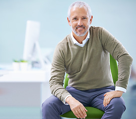 Image showing Business man, mature and smile in portrait, CEO with pride and confidence at workplace. Professional, career and expert at office with mockup space, corporate job and executive at media company