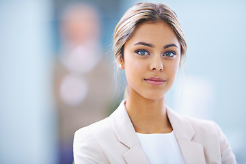 Image showing Businesswoman, portrait and corporate professional in office building as financial advisor or investment, opportunity or deal. Female person, face and workplace pride in accounting, career or startup