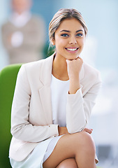 Image showing Businesswoman, portrait and smile for career confidence as small business entrepreneur, start up or corporate professional. Female person, face and chair for company growth, opportunity or workplace