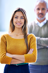 Image showing Internship, happy and portrait of woman with arms crossed for corporate law, work and job pride. Business person, smile and face of employee with confidence for legal company, startup and positivity