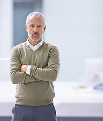 Image showing CEO, portrait and serious businessman with arms crossed in office, startup company or creative agency. Designer, entrepreneur and face of mature man for professional, management or development