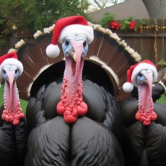 Image showing comical turkeys wearing santa hats