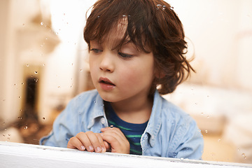 Image showing Window, sitting and boy in home for rain, bored or lonely for disappointed or sad for season outdoor. Young child or kid and watching weather in house for cold and wait for play for childhood