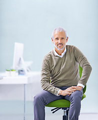 Image showing Businessman, chair and portrait of manager in office for financial career, accounting and pride. Mature employee, confidence and professional person with happiness for corporate company, job and work