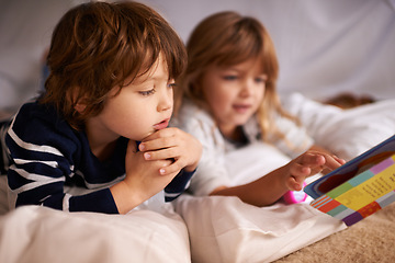 Image showing Reading, blanket fort and kids with book for knowledge, learning and education with flashlight. Bonding, relaxing and young children enjoying story or novel together in tent for sleepover at home.