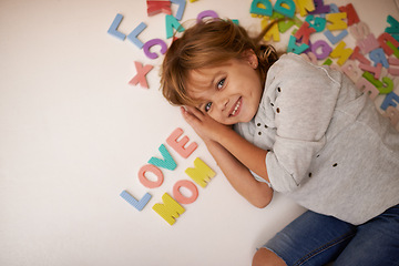 Image showing Girl, letter toys and love mom with English and learning for development, games and smile in playroom at family home. Portrait, education and growth in childhood with alphabet, language and happiness