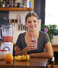 Image showing Morning, kitchen and portrait of woman with smoothie for wellness, detox and healthy breakfast in home. Nutrition, food and person with vegetables, fruit and glass for drink, protein shake and juice