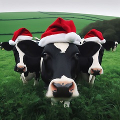 Image showing cows in the field wearing christmas hats generative ai