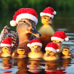 Image showing Duck and ducklings in a pond wearing Christmas Hats generative a