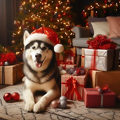 Image showing husky dog wearing santa hat at christmas