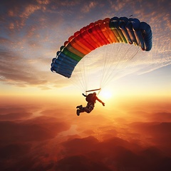 Image showing parachuting over a landscape at sunrise
