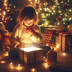 Image showing young child opening a wondrous glowing gift on christmas morning