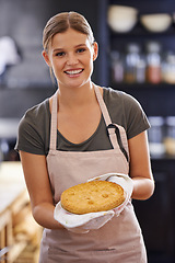 Image showing Pie, bake and portrait of woman in kitchen for lunch, dinner and supper in home with recipe. Cooking, happy and person with smile, dish and food for eating, wellness or nutrition for meal preparation