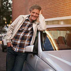 Image showing Man, portrait and smile at car in city for relax road trip or weekend commute, downtown or urban. Mature, male person and face at transportation for tourism adventure in New York, vehicle or vacation