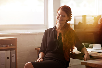 Image showing Business woman, portrait and confident accountant in office, smile and pride in workplace. Female person, advisor and career opportunity in finance firm for startup company, auditor and computer