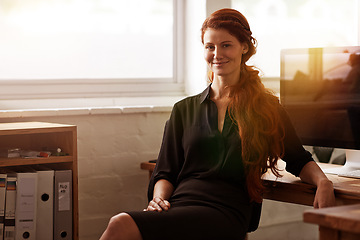 Image showing Businesswoman, portrait and confident accountant in office, smile and pride in workplace. Happy female person, agency and career opportunity in finance firm for startup company, auditor and computer