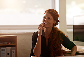 Image showing Woman, office and think with smile for company idea, vision and growth with future in startup business. Female person, entrepreneur and happy at desk with computer at work as hr manager of corporate