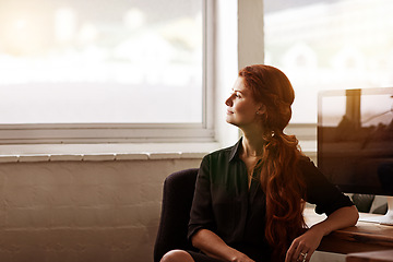 Image showing Businesswoman, thinking and office desk for future growth at tech startup for small business, entrepreneur or thoughts. Female person, contemplating and workplace vision for decision, planning or job