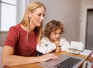 Image showing Remote work, happy and mother and child on laptop for streaming subscription, research and internet. Family, living room and mom and kids on computer for website, working online and home business