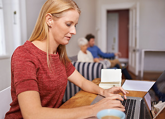 Image showing Remote work, laptop and woman in living room typing online report, research and internet for freelance job. House, working from home and person on computer for website, writing email or planning