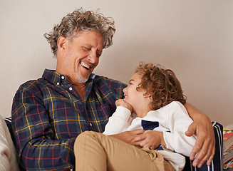 Image showing Grandfather, boy and happy in home for bonding on break to relax, fun and enjoy school holiday. Man, grandson and excited with child for baby sitting, together and play in bedroom as family.