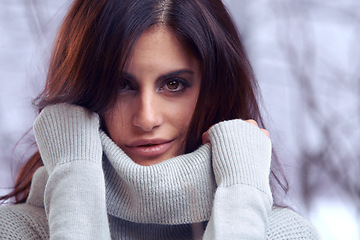 Image showing Winter, closeup and portrait of woman for fashion with turtle neck, jersey and warm top by tree in nature. Female person, Mexican lady and gen z girl with face for style, clothes and cold in snow