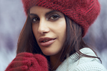 Image showing Winter, fashion and portrait of woman with gloves for style with turtle neck, face and cozy with closeup. Female person, Mexican lady and gen z girl with beauty for trend, clothes and cold in snow