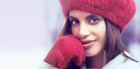 Image showing Style, beauty and portrait of woman with winter clothes on cold weather vacation or holiday. Serious, makeup and face of female person with gloves and beanie for trendy fashion for weekend trip.