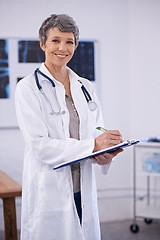 Image showing Hospital, doctor and portrait of woman with clipboard for insurance, medical notes and wellness. Healthcare, clinic and happy health worker with documents for service, treatment plan and medicare