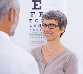 Image showing Optometry, patient and optometrist consulting for eye test with frames, prescription lens and glasses for sight. Healthcare, ophthalmology and senior woman for wellness, vision and medical service