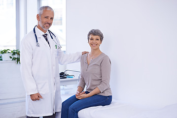 Image showing Hospital, portrait and senior woman with doctor in a consultation room for examination, results or help. Healthcare, face and elderly patient consulting health expert for medical, support and advice