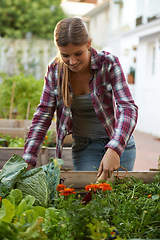 Image showing Happy, garden and vegetables with woman, nature and harvest with happiness and nutrition. Hobby, person and girl with tools and plants with backyard and environment with sunshine, vegan and outdoor